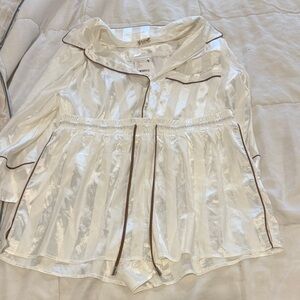 Free People Ivory Satin Stripe Pajama Set with Brown Piping